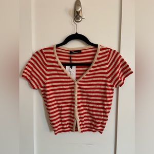 Striped Cropped Short Sleeve Cardigan in Red and Cream Stripe